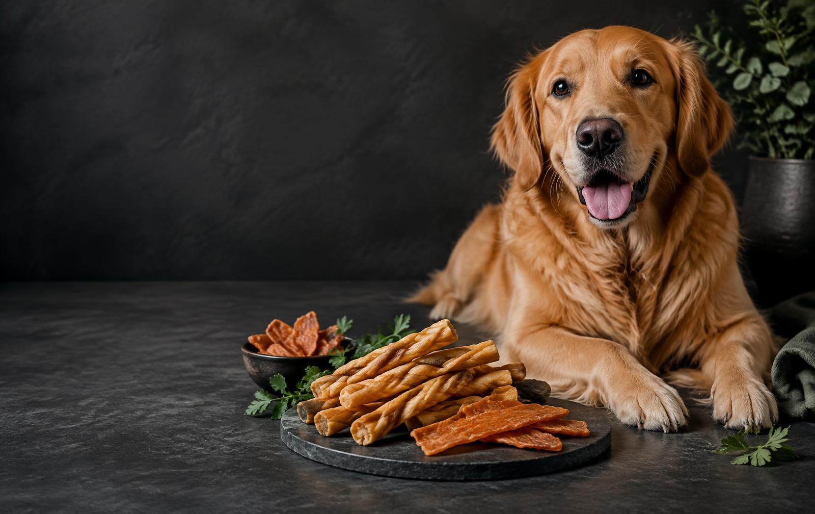 Golden retriever com petiscos naturais